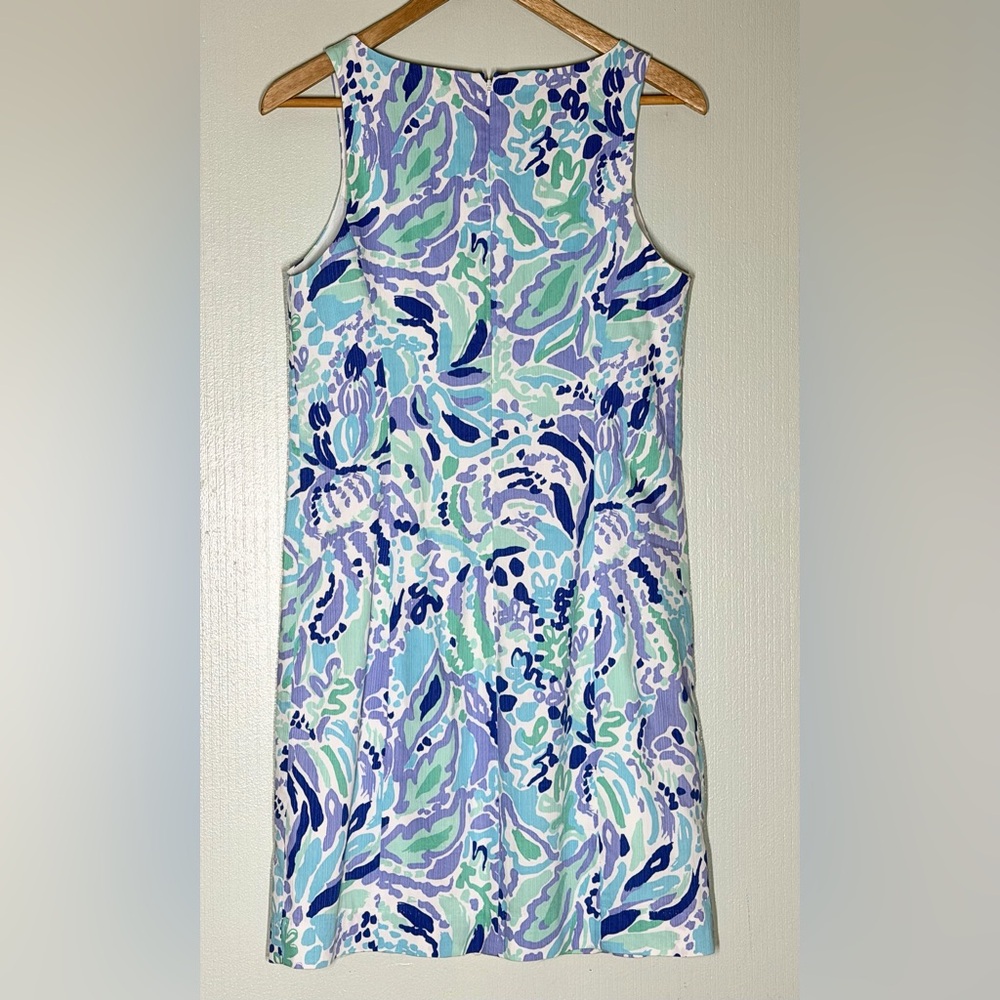 Lilly Pulitzer Mint, Aqua & Lavender Printed Shift Dress with White Lace Trim - Picture 2 of 4